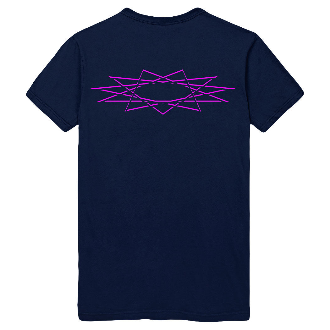 An Into Another navy t-shirt featuring a geometric, star-like design in bright pink lines on the upper back.