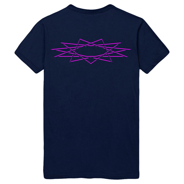 An Into Another navy t-shirt featuring a geometric, star-like design in bright pink lines on the upper back.