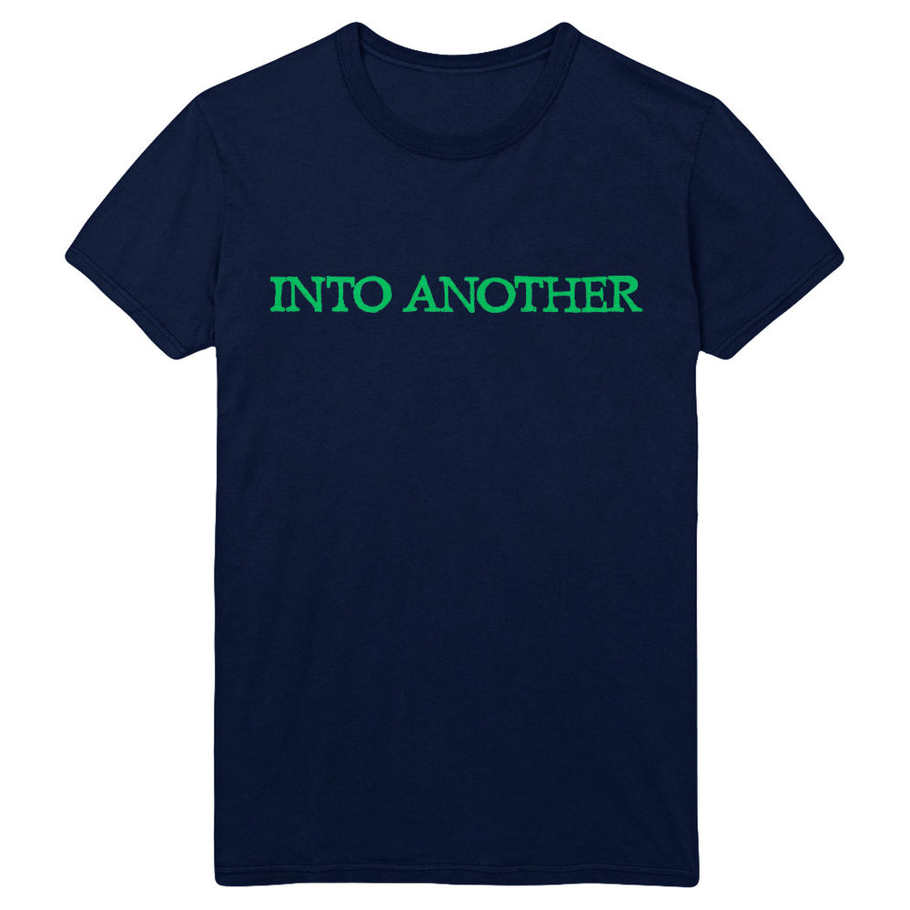 A navy blue Into Another T-shirt with the words INTO ANOTHER printed in bold, bright green capital letters across the chest.