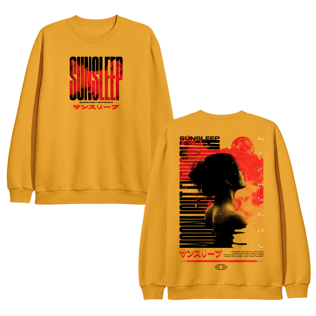 Sunsleep Moonlight Gold crewneck front. crewneck has Sunsleep text in the center in red and black ink. back of crewneck has the image of a woman looking at the moon with sunsleep and moonlight text next to it. all in red and blank ink.