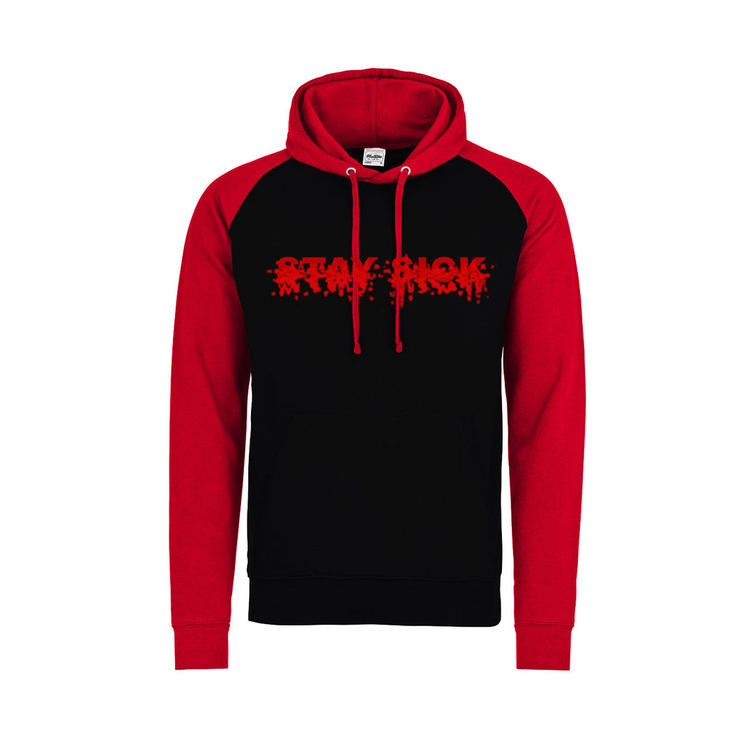 A black Stay Sick Clothing hoodie with red raglan sleeves and hood, STAY SICK in bold red dripping letters on the front, a front pocket, and ribbed cuffs and hem.