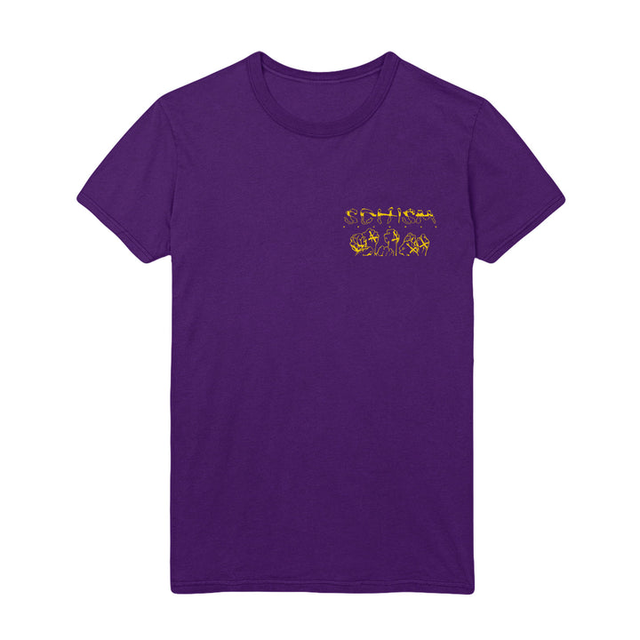 A plain purple Judge t-shirt with a small yellow graphic and the word SCHISMA on the left chest, featuring stylized outlines of people—a standout piece for any printed garments collection.