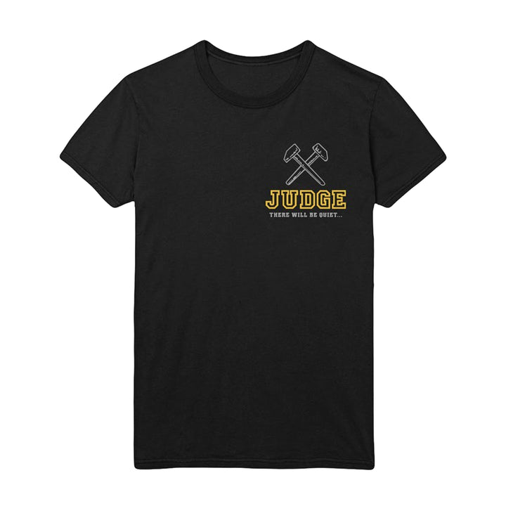 Judge brand black Gildan heavy cotton t-shirt with two crossed gavels above bold yellow "JUDGE" and smaller "THERE WILL BE QUEST." printed underneath.