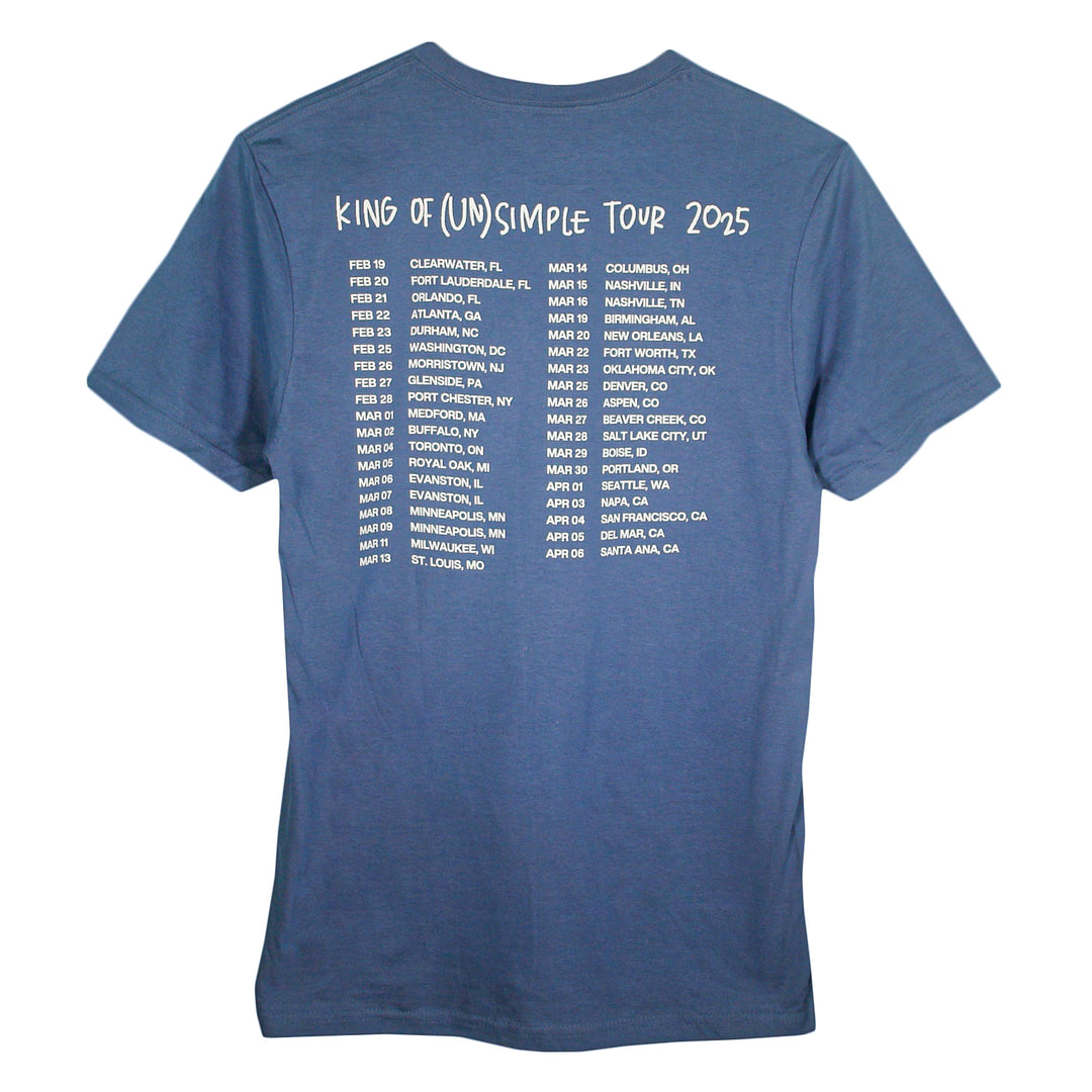 Matt Nathanson blue tee featuring "King of (Un)Simple Tour 2025" on the front, U.S. tour dates/cities in white on the back. Made from soft ring-spun cotton for a modern classic fit. Quality Gildan Softstyle you’ll love.