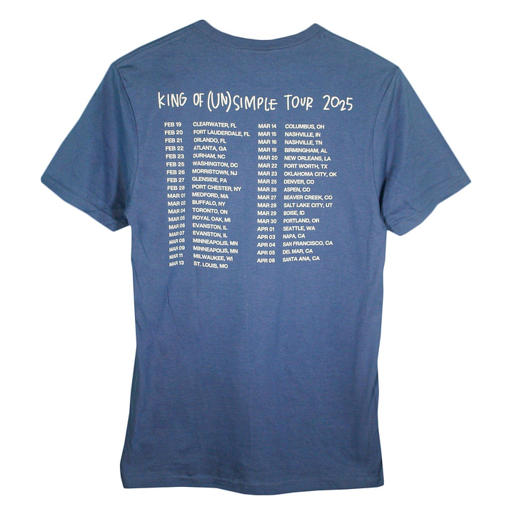 Matt Nathanson blue tee featuring "King of (Un)Simple Tour 2025" on the front, U.S. tour dates/cities in white on the back. Made from soft ring-spun cotton for a modern classic fit. Quality Gildan Softstyle you’ll love.