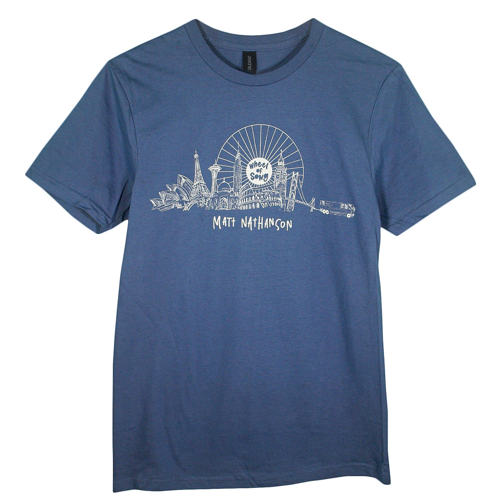 The Matt Nathanson blue Gildan Softstyle T-Shirt features a white city landmark and Ferris wheel design with “Matt Nathanson” below. Made from ring-spun cotton for a modern classic fit and lasting comfort.