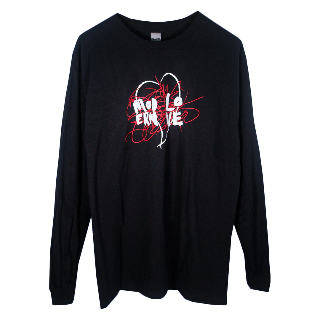 A black Matt Nathanson long sleeve with an abstract white and red design and "MORE LOVE" in bold on the chest—ideal for fans of unique printed shirts.