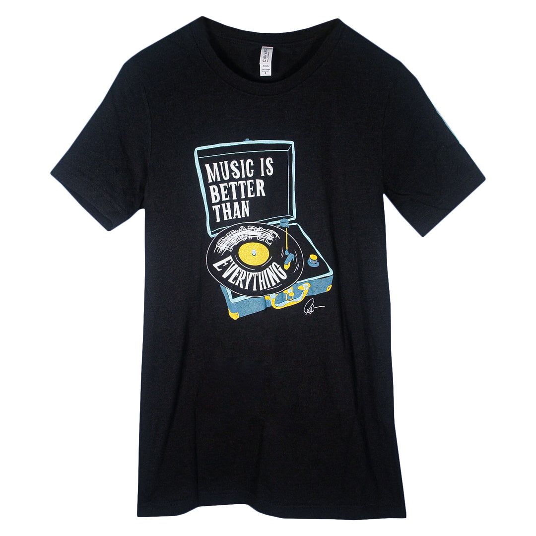 Matt Nathanson Black Bella + Canvas T-Shirt with a vintage record player graphic. The record says "Music is better than everything" in bold white letters, with yellow and blue accents highlighting this stylish tee.