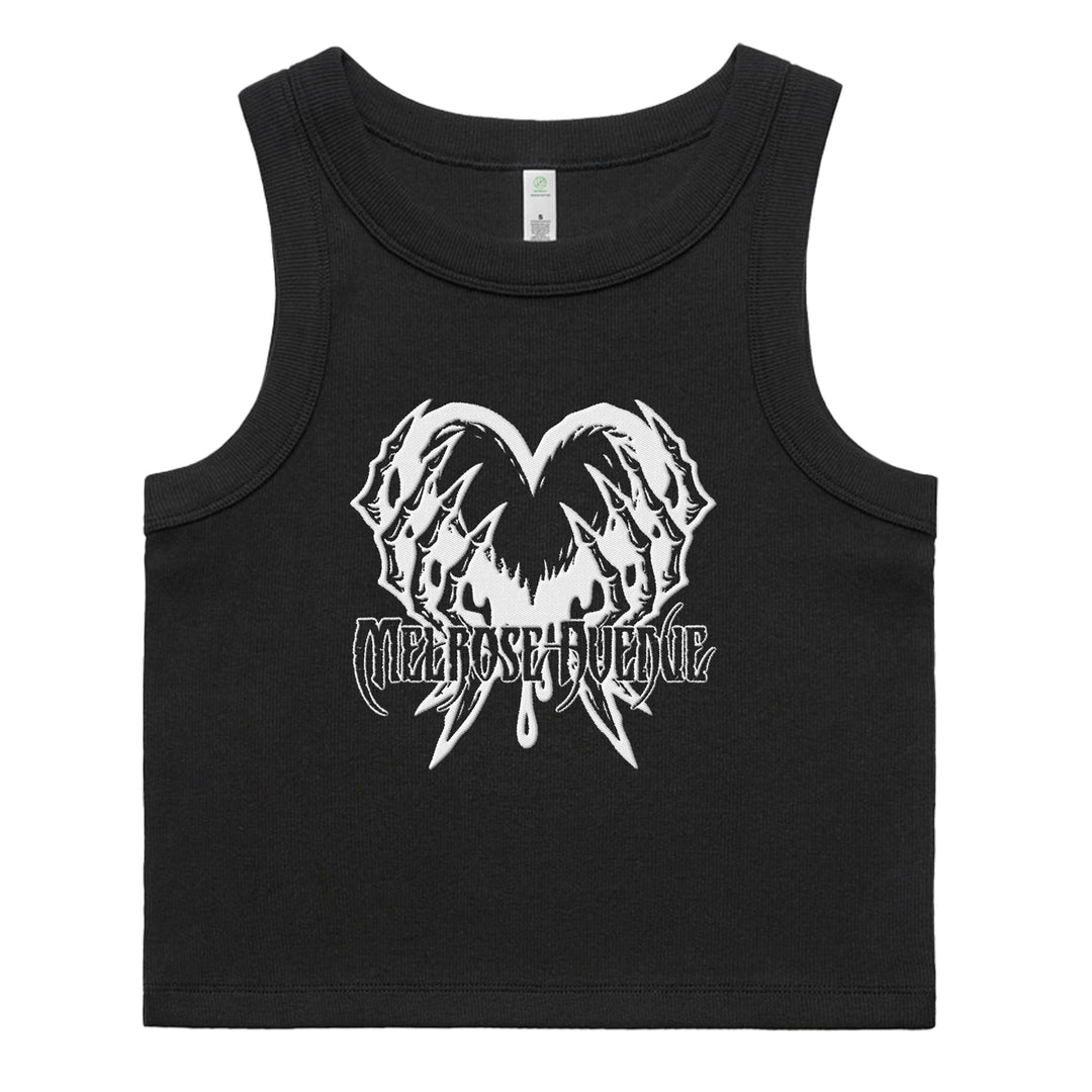 A black Melrose Avenue Organic Rib Crop Top featuring a white graphic of a heart made of skeletal hands with dripping liquid and stylized, unreadable text below.
