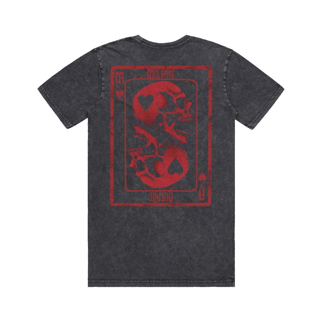 Melrose Avenue black acid-wash tee featuring a large red Queen of Hearts design with mirrored skulls replacing the queen’s face. Perfect for fans of bold stone wash tees.