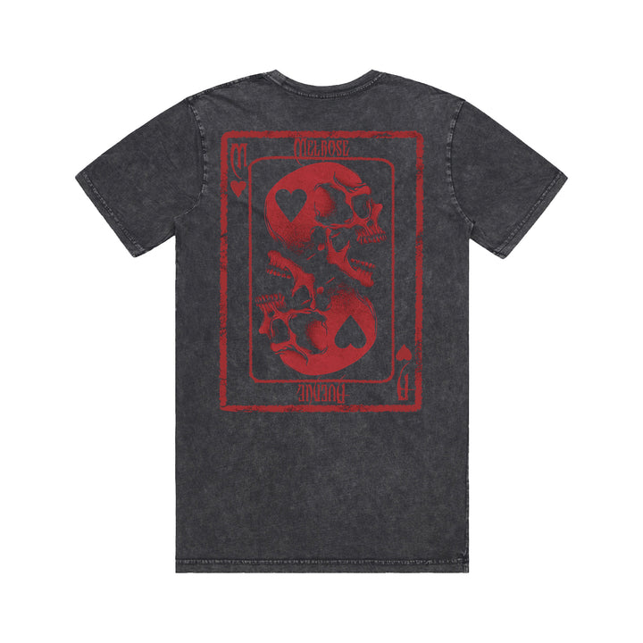Melrose Avenue black acid-wash tee featuring a large red Queen of Hearts design with mirrored skulls replacing the queen’s face. Perfect for fans of bold stone wash tees.