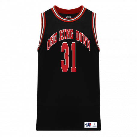 A black One King Down athletic knit jersey with red and white trim features "ONE KING DOWN" in red above a large red 31, all in heat-pressed vinyl. A small size label is visible at the bottom.