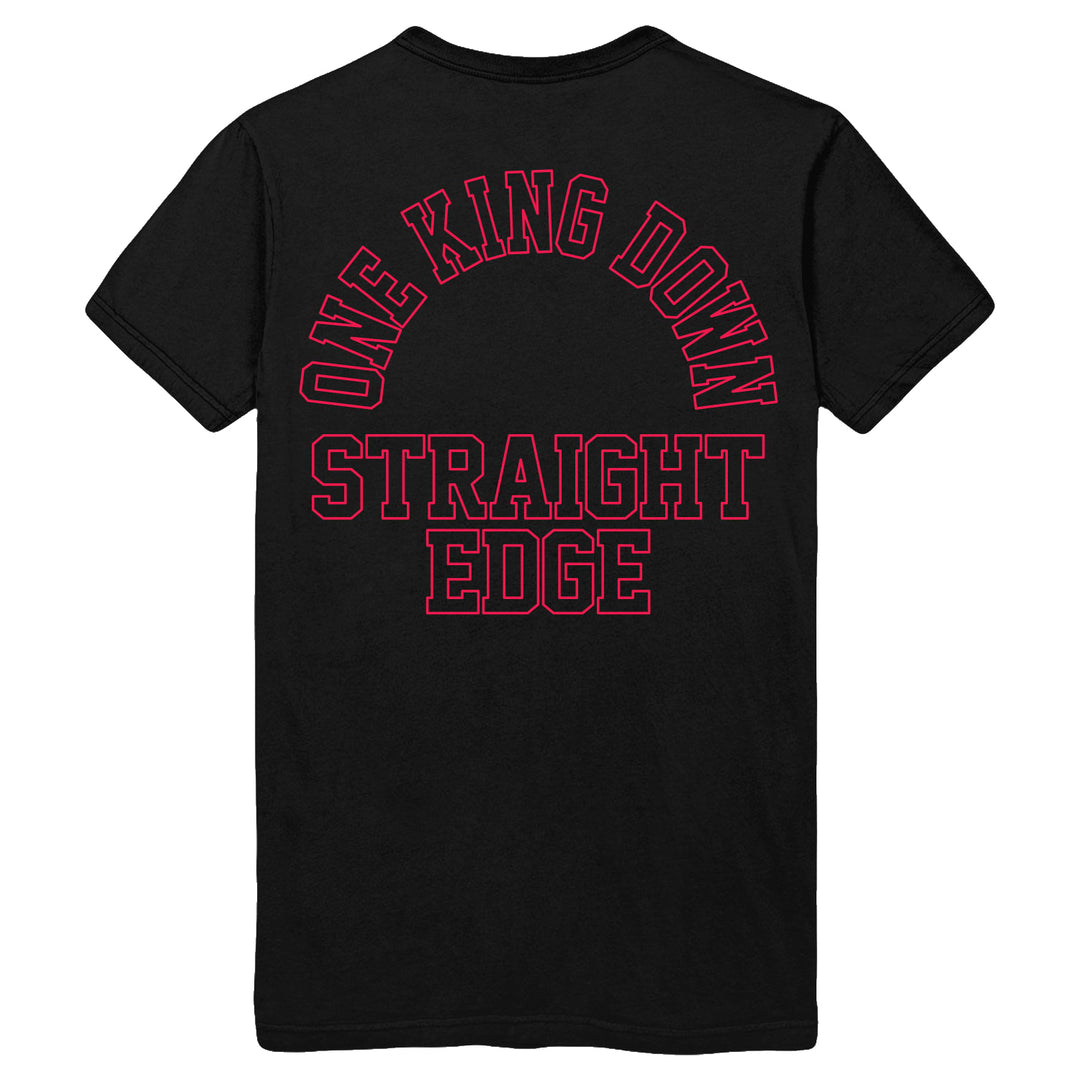 Black Gildan heavy cotton t-shirt by One King Down features bold red outlined text on the back: "ONE KING DOWN" in an arch above "STRAIGHT EDGE.