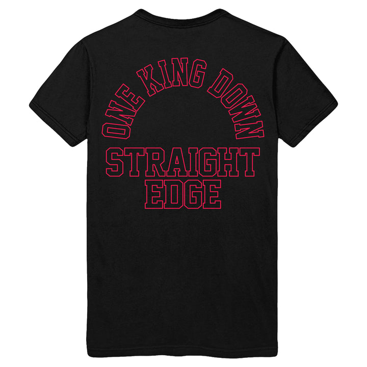 Black Gildan heavy cotton t-shirt by One King Down features bold red outlined text on the back: "ONE KING DOWN" in an arch above "STRAIGHT EDGE.