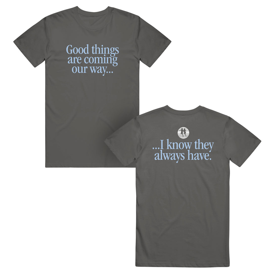 Gray t-shirt with motivational text on front and back, on a white background