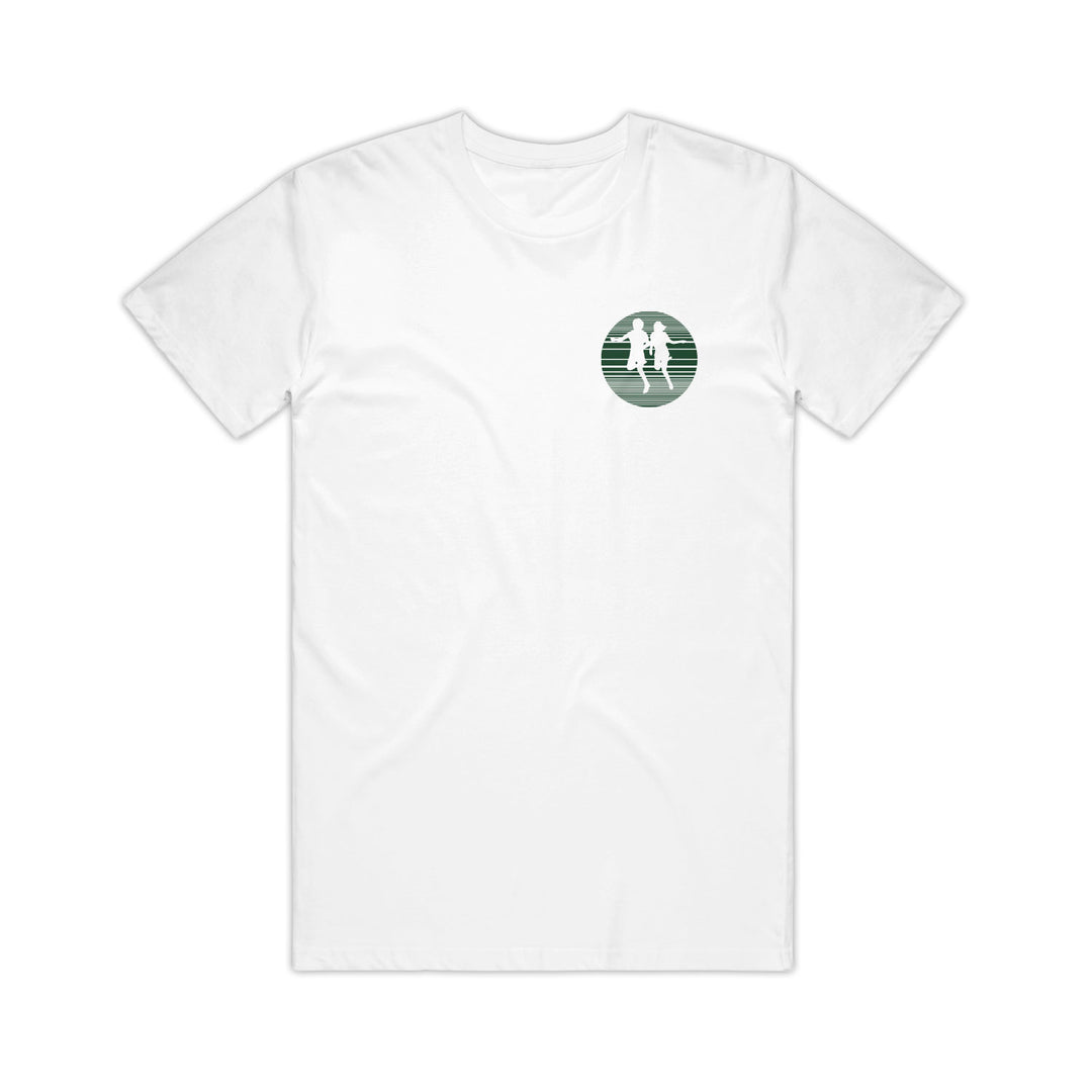 White cotton t-shirt by Rival Schools featuring a small green circular logo on the left chest with two people holding hands, standing on horizontal lines.