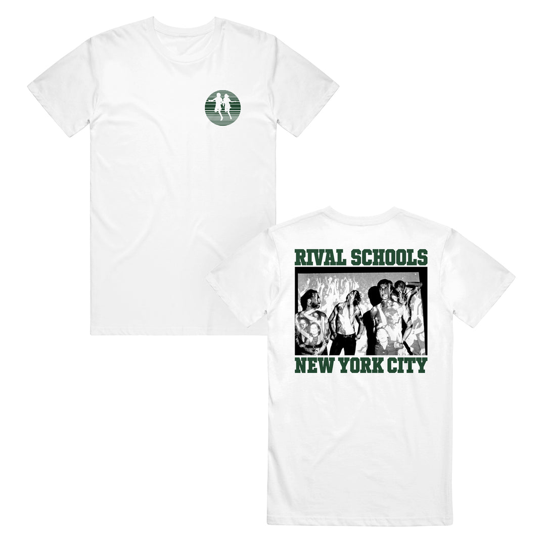 White t-shirt with 'Rival Schools New York City' graphic on a white background