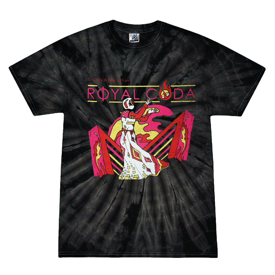 Black tie-dye t-shirt with 'Royal Coda' graphic design on a white background