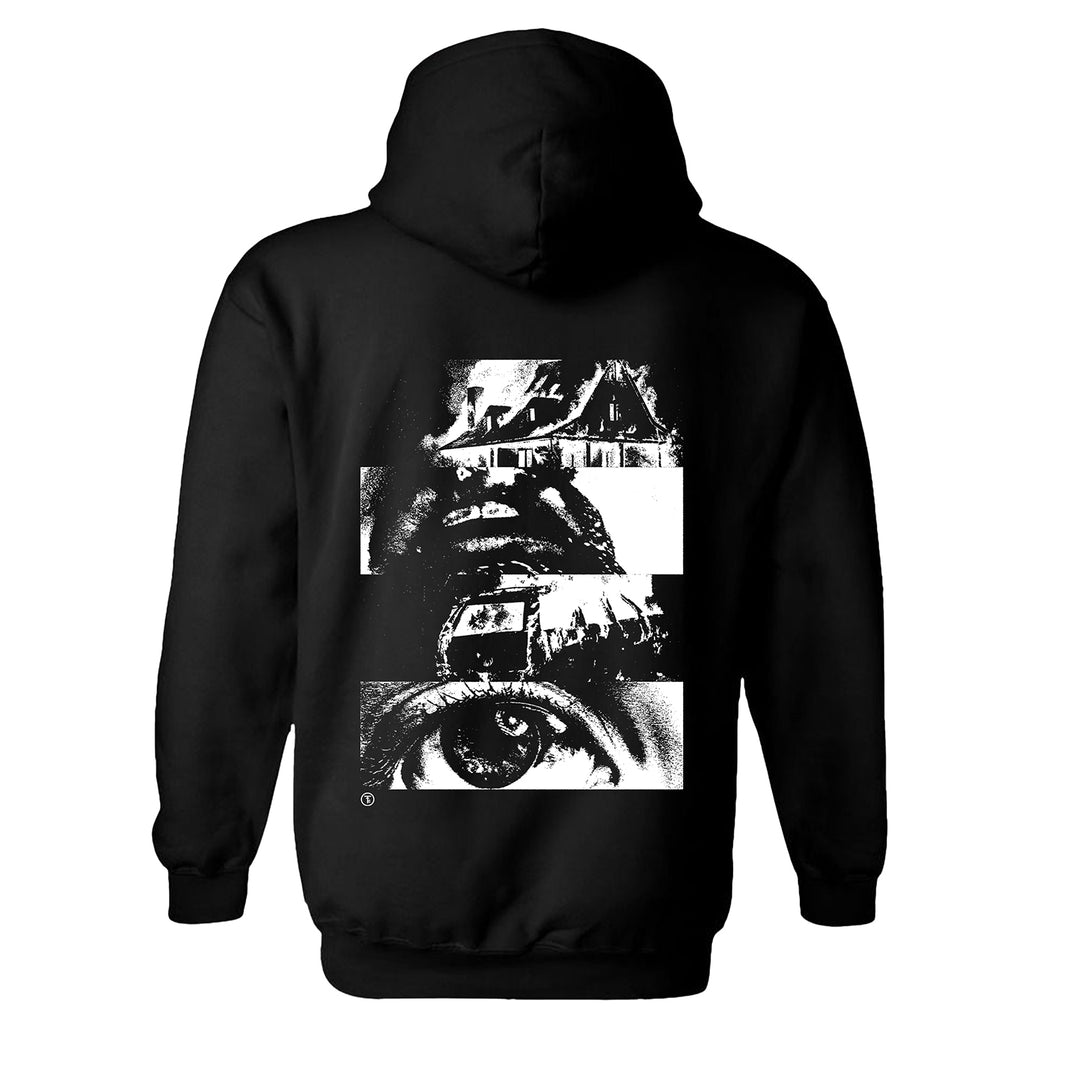 Second Harbour black pullover with a bold white graphic on the back—a collage of an eye, house, and fragmented faces for a surreal look. Inspired by classic Gildan sweaters, offering artistic style and comfort.