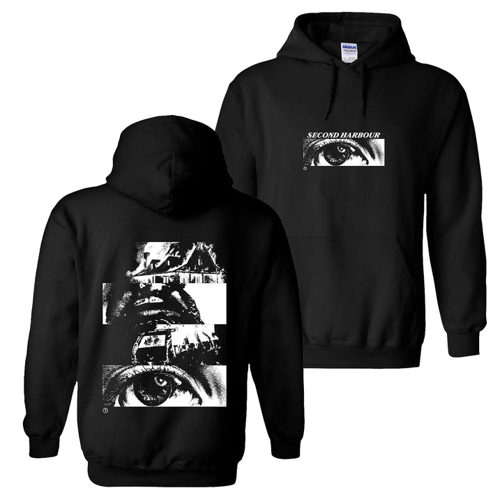 Second Harbour black pullovers feature a white eye graphic with 'Second Harbour' text on the front, and collage-style black-and-white back prints, including an eye and house.