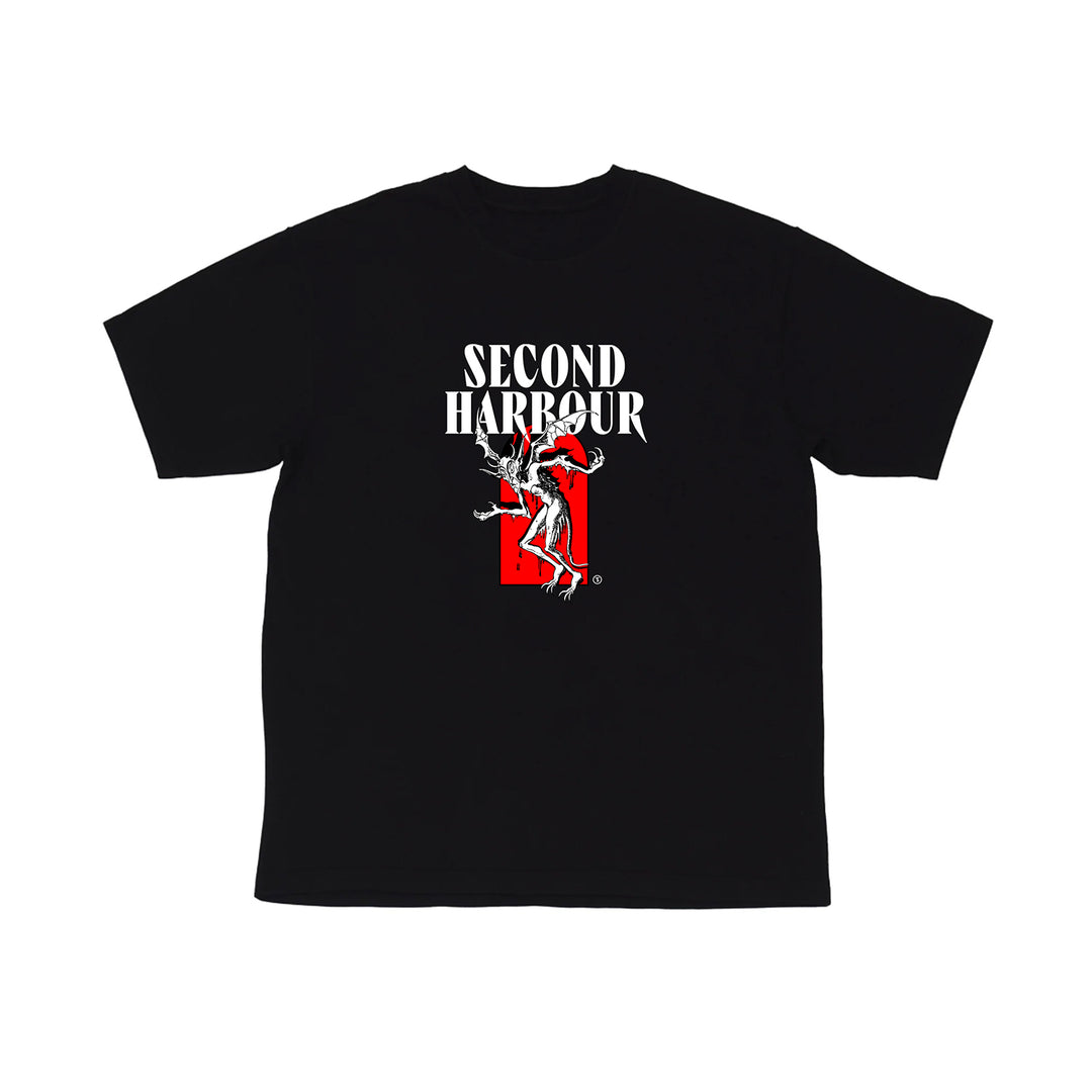 Second Harbour black t-shirt features “SECOND HARBOUR” in bold white text above two red, white, and black dancing jesters set against a red rectangle—a standout choice for unique printed t-shirt fans.