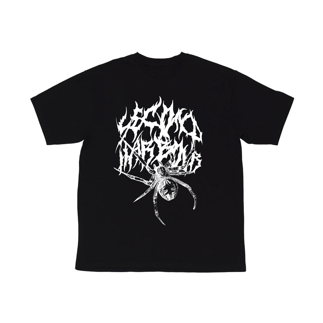 A black Second Harbour T-shirt featuring a large white spider graphic beneath stylized flame-like text. The bold jagged print seamlessly blends with the spider design on the front of this striking tee.