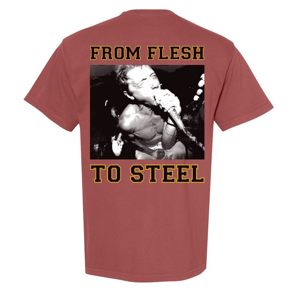 Maroon t-shirt with graphic design and text on the back