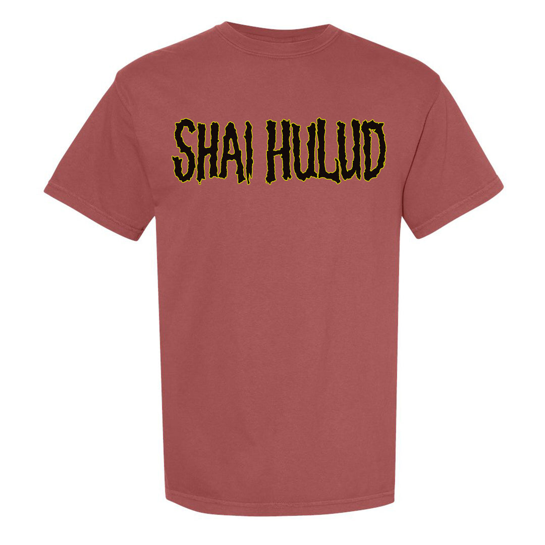Red t-shirt with 'SHAI HULUD' text on a white background