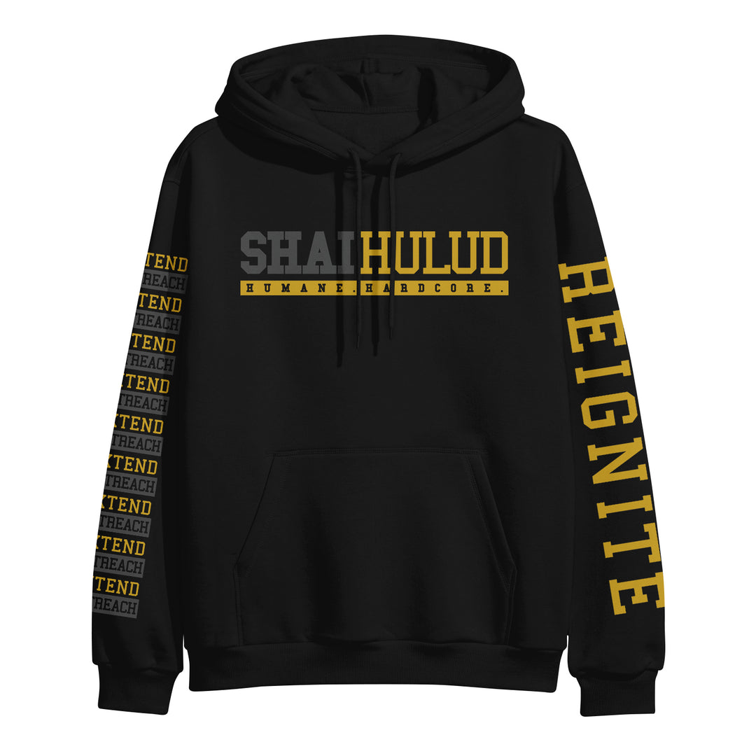 Black Shai Hulud Heavy Blend pullover hoodie with yellow and gray text: SHAI HULUD and HUMANE HARDCORE on the chest, REIGNITE down the right sleeve, and repeating PRETEND TO PREACH designs on the left sleeve.