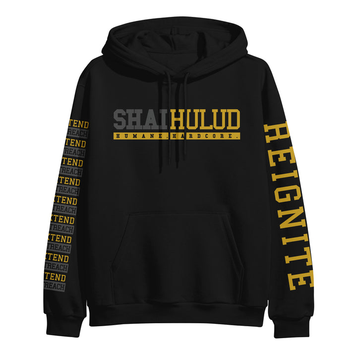 Black Shai Hulud Heavy Blend pullover hoodie with yellow and gray text: SHAI HULUD and HUMANE HARDCORE on the chest, REIGNITE down the right sleeve, and repeating PRETEND TO PREACH designs on the left sleeve.