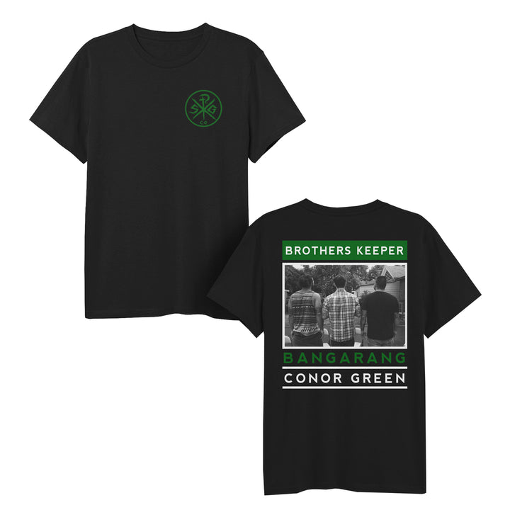 Sleeping Giant black memorial t-shirt with a small circular logo on the front left chest; back features a B&W photo of three people sitting, framed by green and white text: “BROTHERS KEEPER BANGARANG CONOR GREEN,” honoring Conor Green.