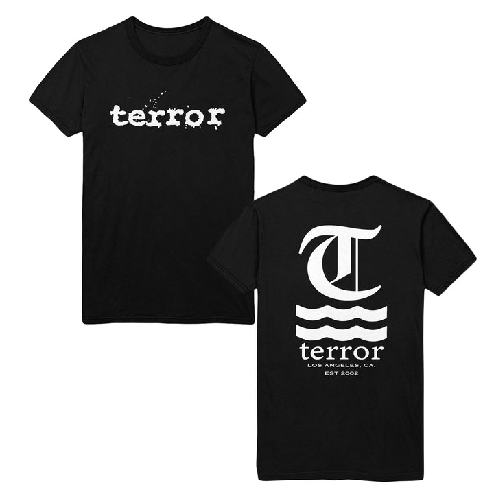 terror Hot Water Logo Black T-Shirt front and back