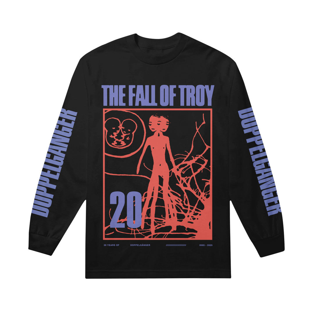 A black The Fall of Troy Comfort Colors long-sleeve shirt with purple DOPPELGANGER text on the sleeves and a retro front graphic featuring the band's name, abstract red shapes, a stylized figure, and the number 20.