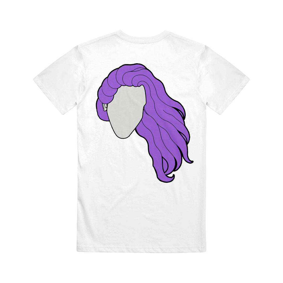 White The Fall of Troy t-shirt by American Apparel featuring a graphic of a faceless head with long, wavy purple hair cascading down the back—a bold addition to your printed T-shirt collection.