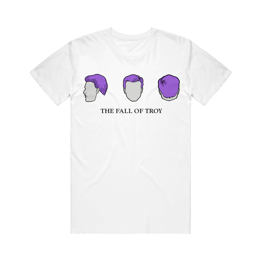 White American Apparel T-shirt by The Fall of Troy featuring three head illustrations with purple hair above the band's name. Perfect for fans seeking a unique printed tee.