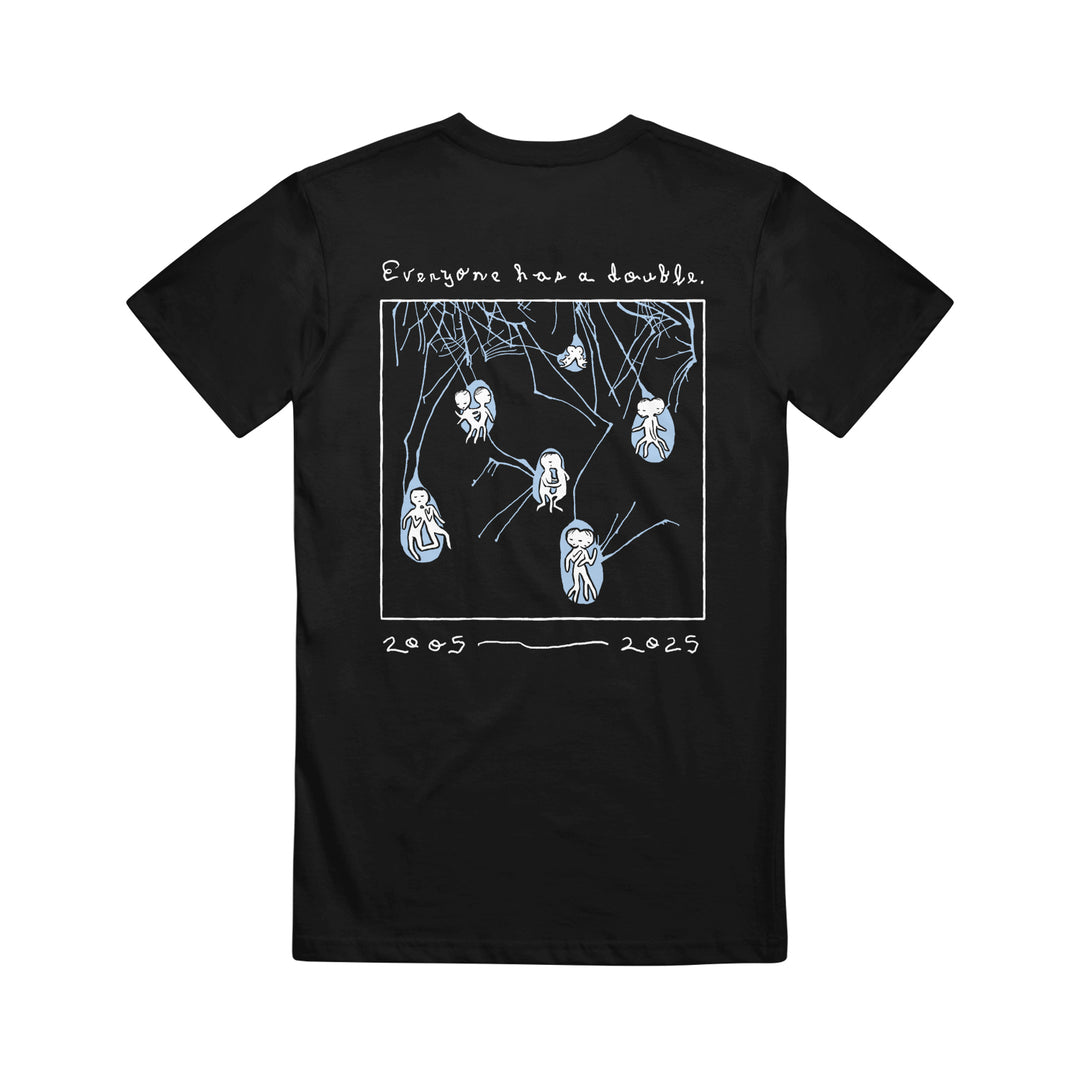 Printed on a high-quality American Apparel tee by The Fall of Troy, this black shirt features six stylized white spider figures with "Everyone has a double." above and "2005 — 2025" below.