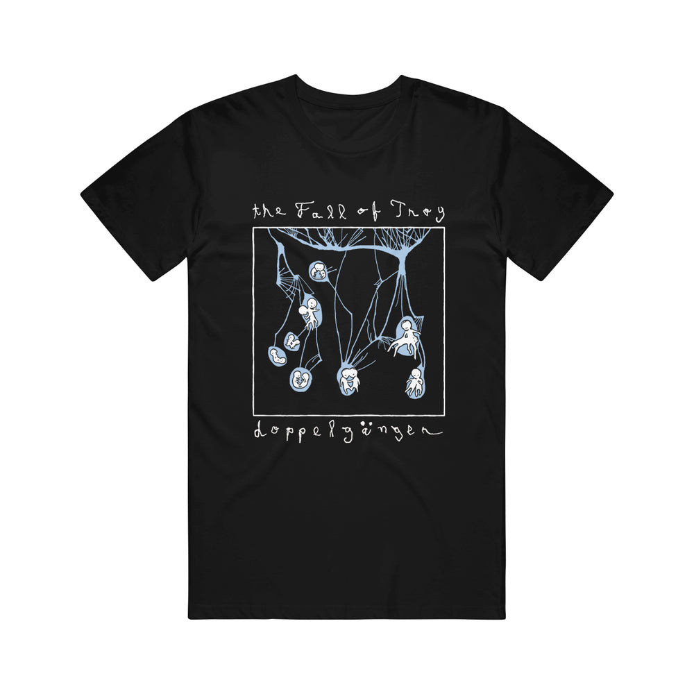Black American Apparel T-shirt by The Fall of Troy featuring a white and light blue abstract graphic, with "The Fall of Troy" at the top and "doppelgänger" at the bottom in a handwritten-style font.
