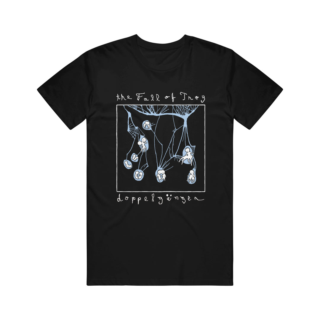 Black American Apparel T-shirt by The Fall of Troy featuring a white and light blue abstract graphic, with "The Fall of Troy" at the top and "doppelgänger" at the bottom in a handwritten-style font.
