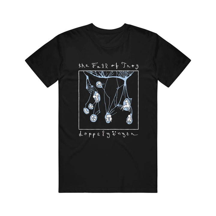 Black American Apparel T-shirt by The Fall of Troy featuring a white and light blue abstract graphic, with "The Fall of Troy" at the top and "doppelgänger" at the bottom in a handwritten-style font.