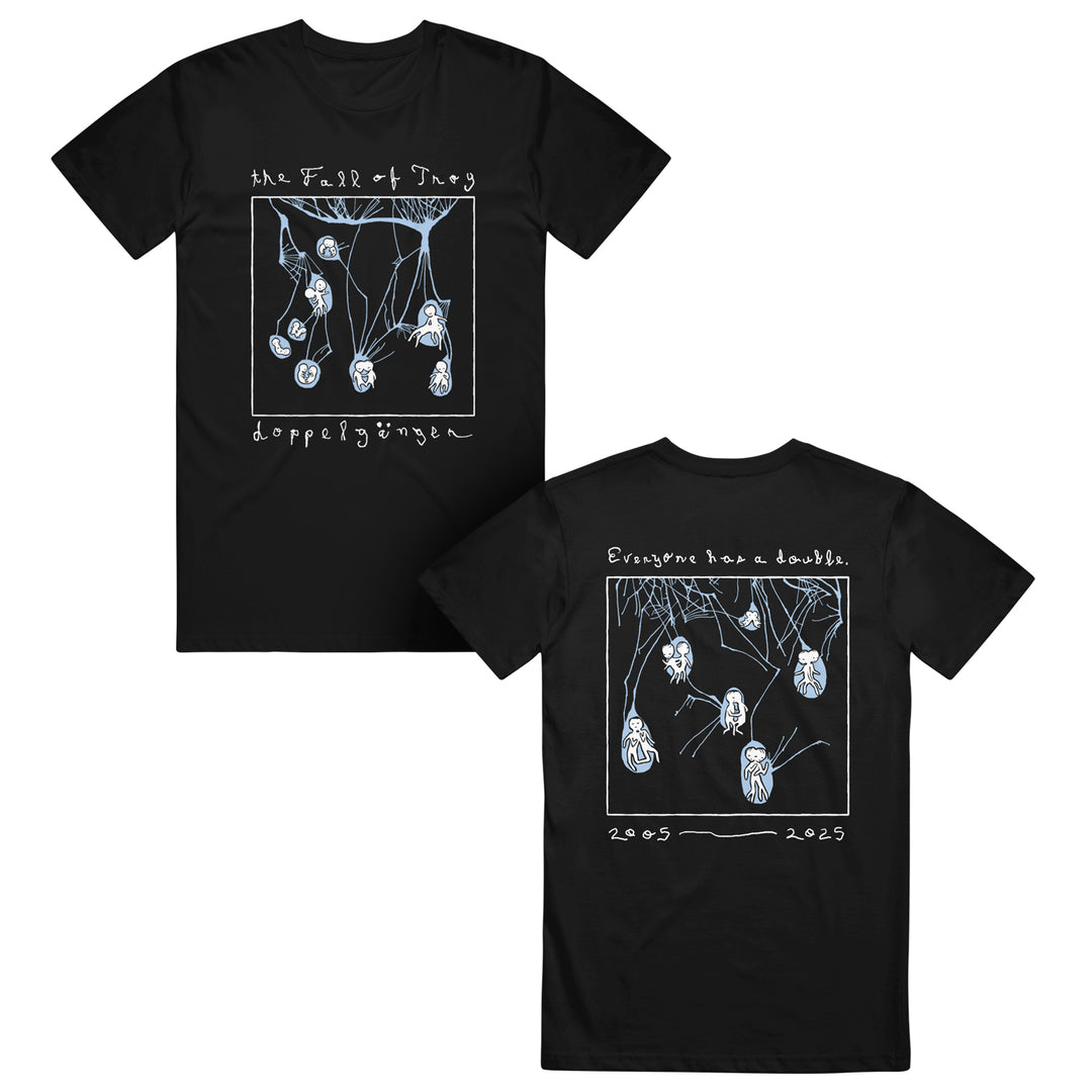 Black American Apparel T-shirt by The Fall of Troy with white hand-drawn puppet artwork. Front text: "the Fall of Troy doppelgänger." Back text: "Everyone has a double. 2005–2023.