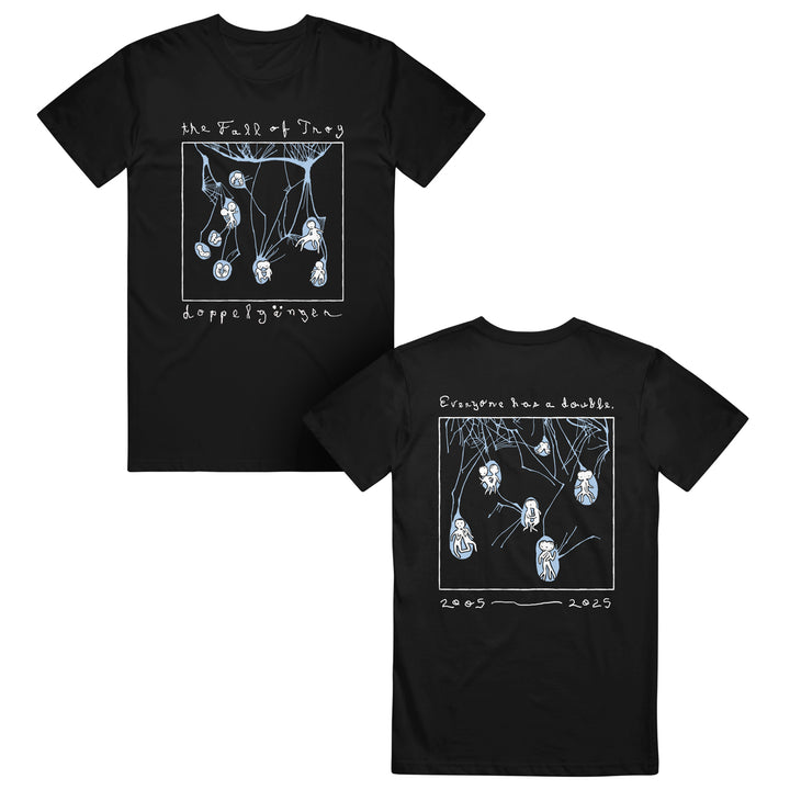 Black American Apparel T-shirt by The Fall of Troy with white hand-drawn puppet artwork. Front text: "the Fall of Troy doppelgänger." Back text: "Everyone has a double. 2005–2023.