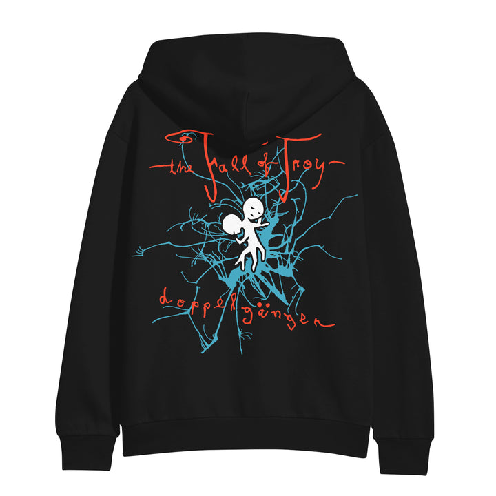 The Fall of Troy black hoodie features an abstract white figure with blue branch lines and red handwritten text reading The Fall of Troy and Doppelgänger on the back, printed on a durable Independent Trading Co. hoodie for lasting comfort.