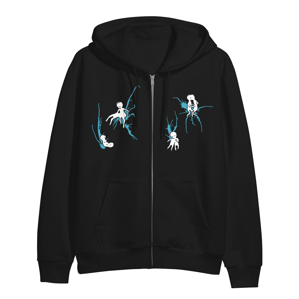 Black midweight zip-up hoodie from The Fall of Troy featuring white cartoon skeletons climbing blue branches on the front. Includes front pockets and a hood with drawstrings.