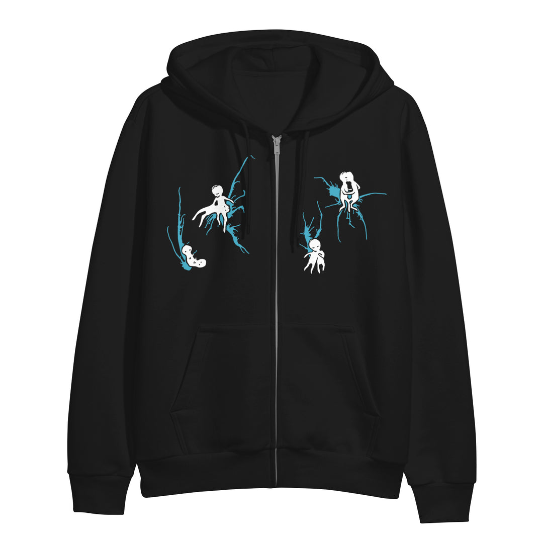 Black midweight zip-up hoodie from The Fall of Troy featuring white cartoon skeletons climbing blue branches on the front. Includes front pockets and a hood with drawstrings.