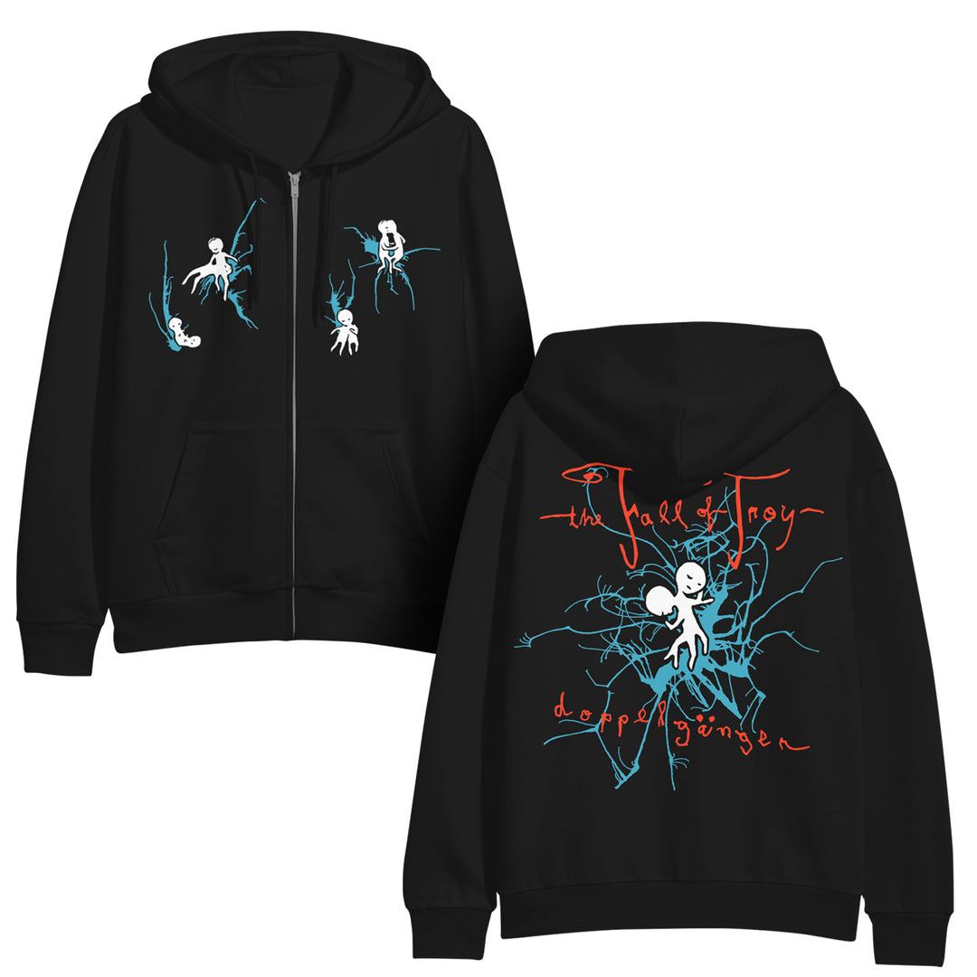 Black midweight hoodie by The Fall of Troy with blue, white, and red abstract artwork: two small figures on the front, larger figure with blue branches and “The Fall of Troy Doppelgänger” text on the back.