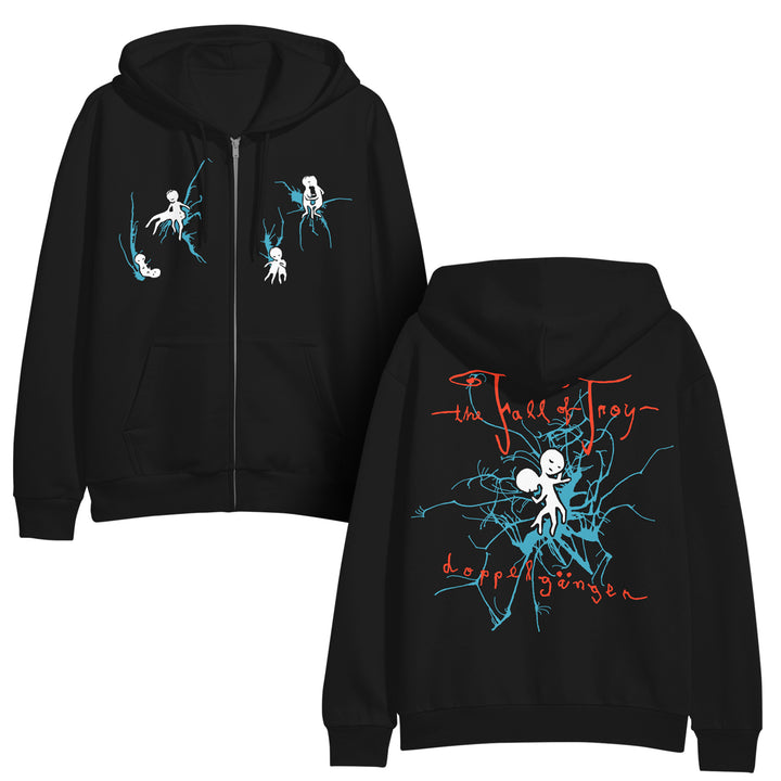 Black midweight hoodie by The Fall of Troy with blue, white, and red abstract artwork: two small figures on the front, larger figure with blue branches and “The Fall of Troy Doppelgänger” text on the back.