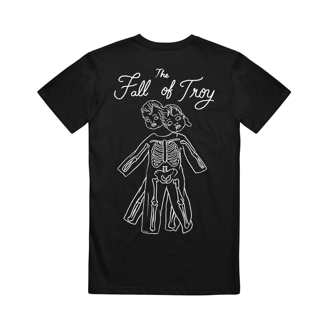 Black The Fall of Troy t-shirt with the band's name at the top and a white line drawing of two overlapping vintage dolls with skeletons on the back, printed on high-quality American Apparel for comfort and style.