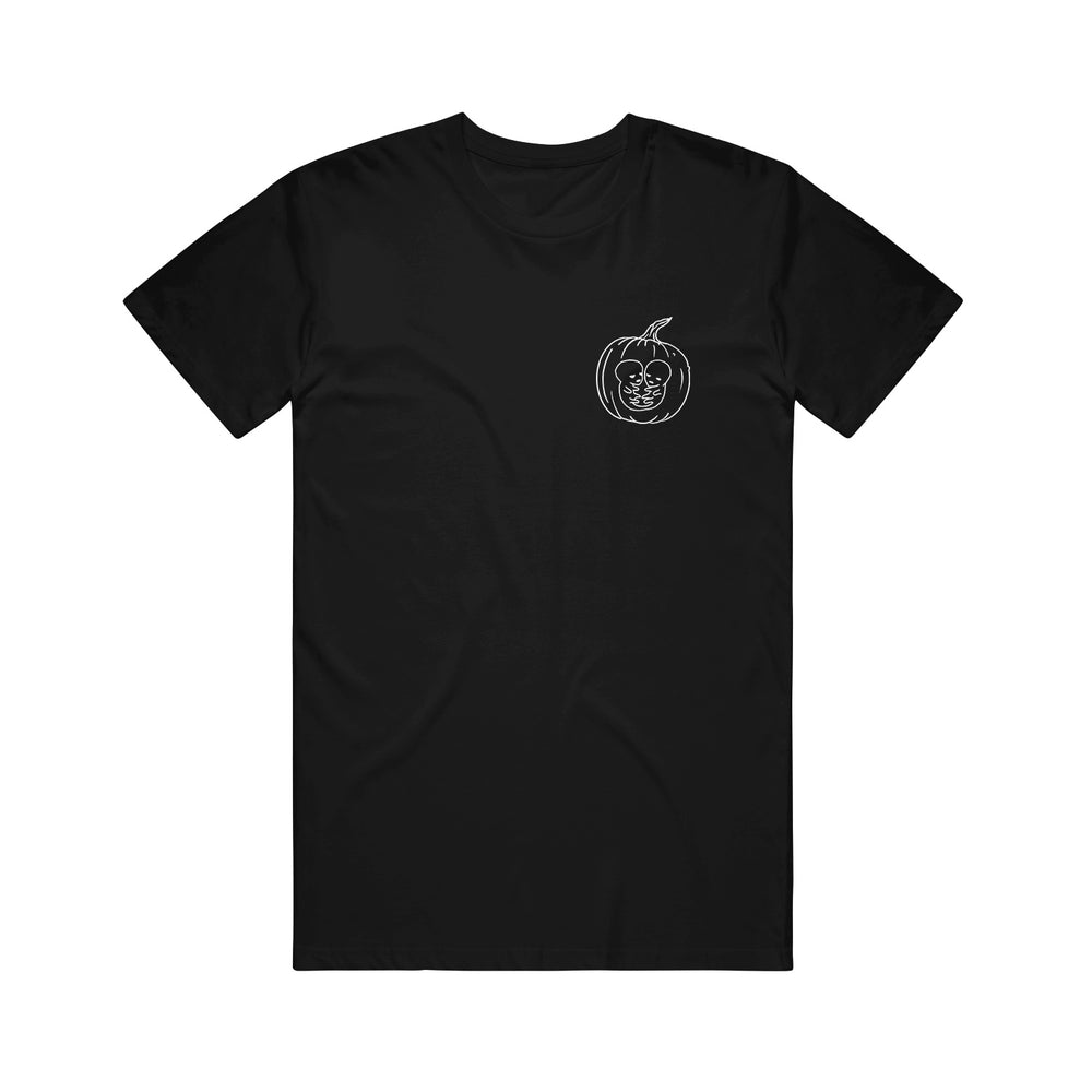 Black The Fall of Troy t-shirt featuring a small white outline design of a grinning carved pumpkin on the left chest. Perfect for fans of unique, subtly spooky printed shirts.