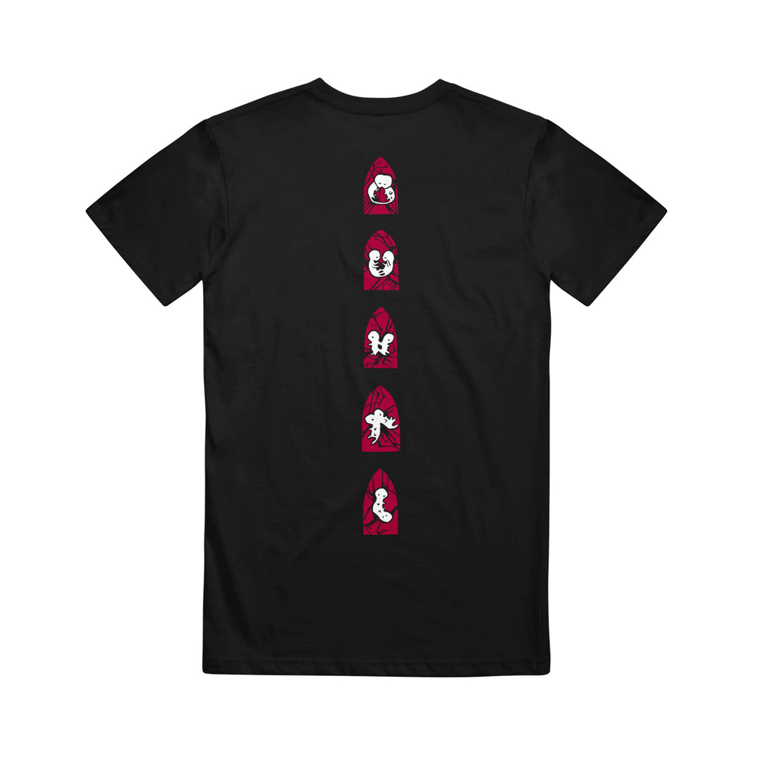 Black The Fall of Troy American Apparel t-shirt with five unique red and white cartoon faces in hoods, arranged vertically down the back.
