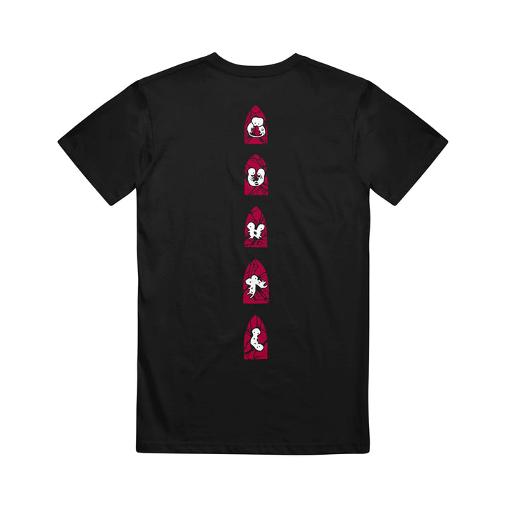 Black The Fall of Troy American Apparel t-shirt with five unique red and white cartoon faces in hoods, arranged vertically down the back.